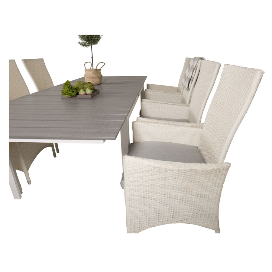 VENTURE DESIGN havest m Levels bord m udtrk og 8 Padova stole m recliner -hvid rattan/gr aintwood