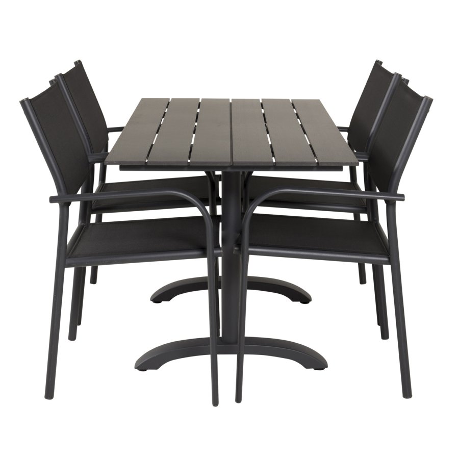 VENTURE DESIGN hagesett m. Denver kafébord og 4 Santorini-stoler, med armlener - svart i tre og alu