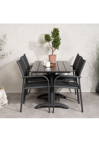VENTURE DESIGN hagesett m. Denver kafébord og 4 Santorini-stoler, med armlener - svart i tre og alu