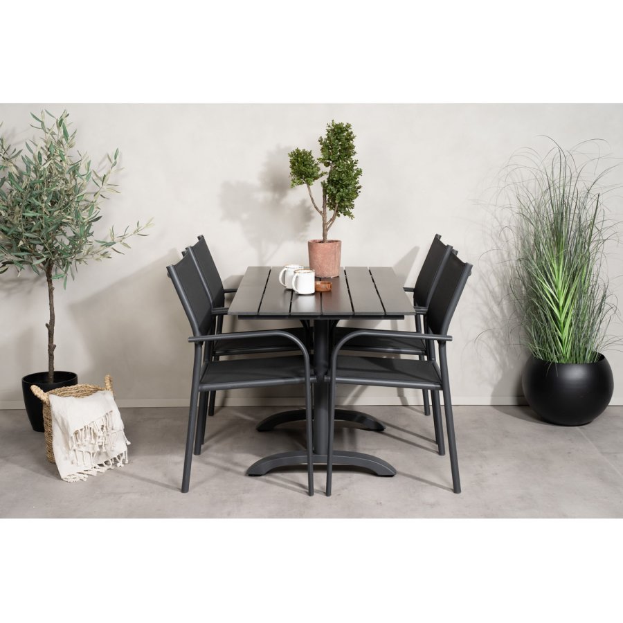 VENTURE DESIGN hagesett m. Denver kafébord og 4 Santorini-stoler, med armlener - svart i tre og alu