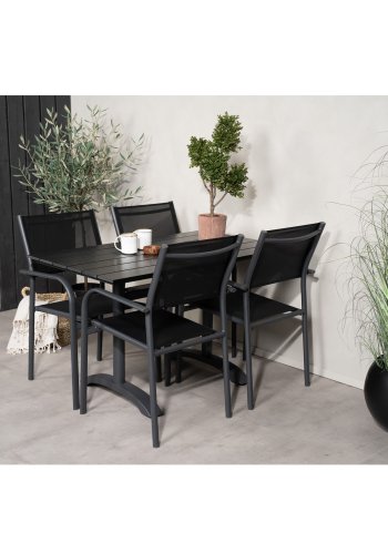 VENTURE DESIGN hagesett m. Denver kafébord og 4 Santorini-stoler, med armlener - svart i tre og alu