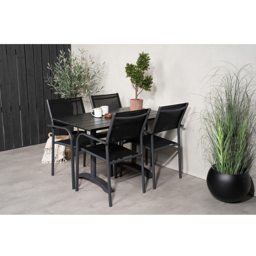 VENTURE DESIGN hagesett m. Denver kafébord og 4 Santorini-stoler, med armlener - svart i tre og alu
