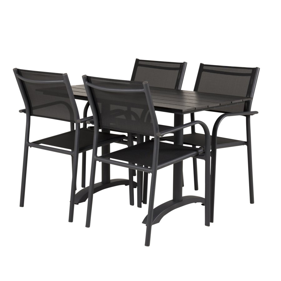 VENTURE DESIGN hagesett m. Denver kafébord og 4 Santorini-stoler, med armlener - svart i tre og alu
