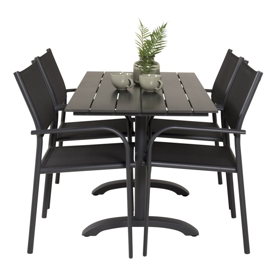 VENTURE DESIGN hagesett m. Denver kafébord og 4 Santorini-stoler, med armlener - svart i tre og alu