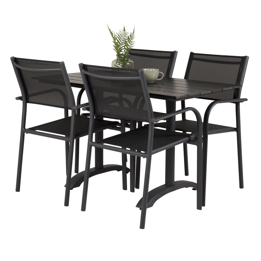 VENTURE DESIGN hagesett m. Denver kafébord og 4 Santorini-stoler, med armlener - svart i tre og alu