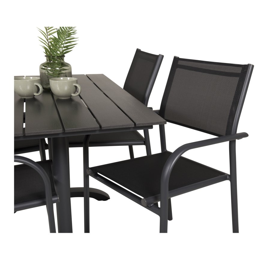 VENTURE DESIGN hagesett m. Denver kafébord og 4 Santorini-stoler, med armlener - svart i tre og alu