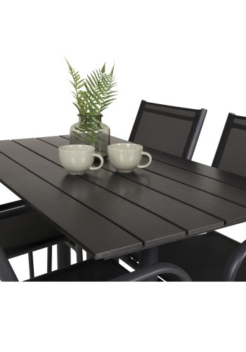 VENTURE DESIGN hagesett m. Denver kafébord og 4 Santorini-stoler, med armlener - svart i tre og alu