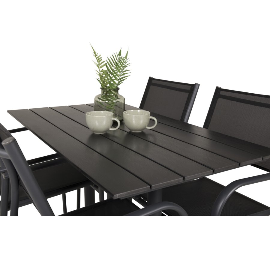 VENTURE DESIGN hagesett m. Denver kafébord og 4 Santorini-stoler, med armlener - svart i tre og alu