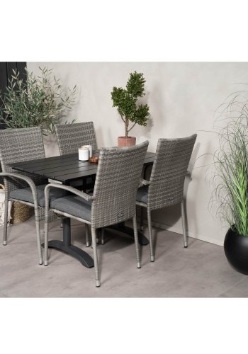 VENTURE DESIGN Gartenset mit Denver Cafétisch (120x70) und 4 Anna Stühlen - schwarzes Eichenholz/Alu/graues Rattan