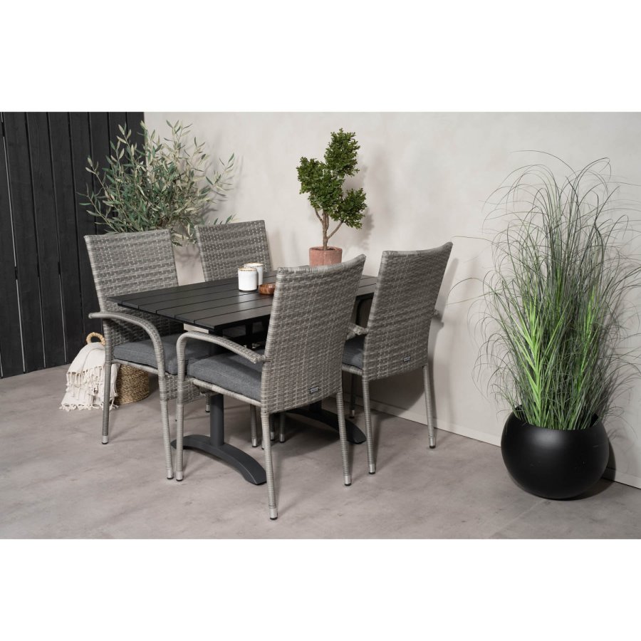 VENTURE DESIGN Gartenset mit Denver Cafétisch (120x70) und 4 Anna Stühlen - schwarzes Eichenholz/Alu/graues Rattan