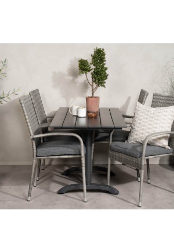 VENTURE DESIGN Gartenset mit Denver Cafétisch (120x70) und 4 Anna Stühlen - schwarzes Eichenholz/Alu/graues Rattan