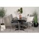 VENTURE DESIGN Gartenset mit Denver Cafétisch (120x70) und 4 Anna Stühlen - schwarzes Eichenholz/Alu/graues Rattan