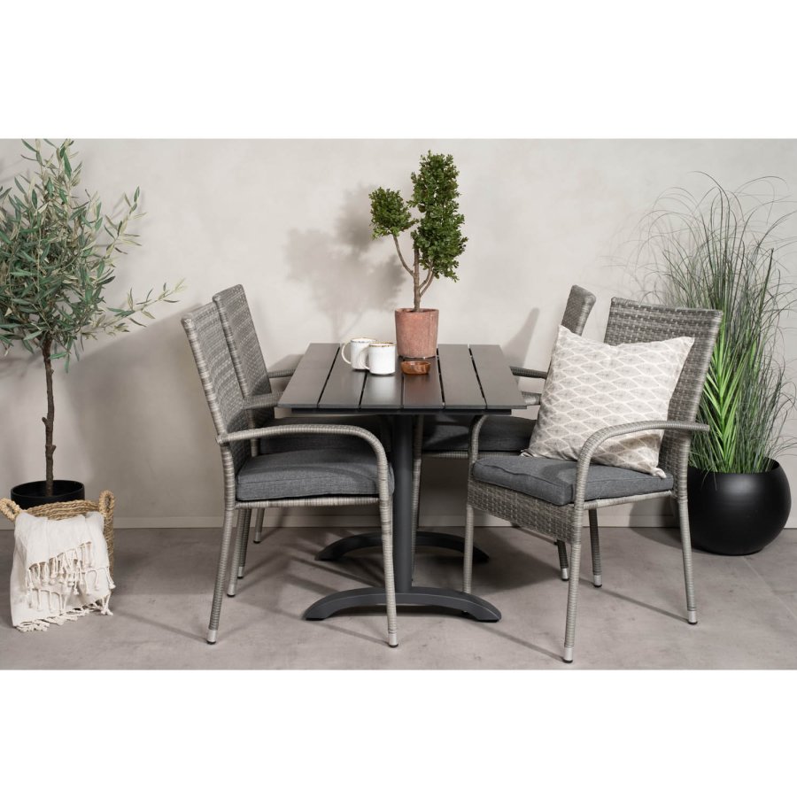 VENTURE DESIGN Gartenset mit Denver Cafétisch (120x70) und 4 Anna Stühlen - schwarzes Eichenholz/Alu/graues Rattan