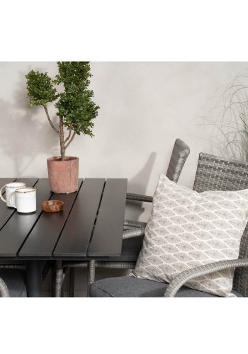 VENTURE DESIGN Gartenset mit Denver Cafétisch (120x70) und 4 Anna Stühlen - schwarzes Eichenholz/Alu/graues Rattan