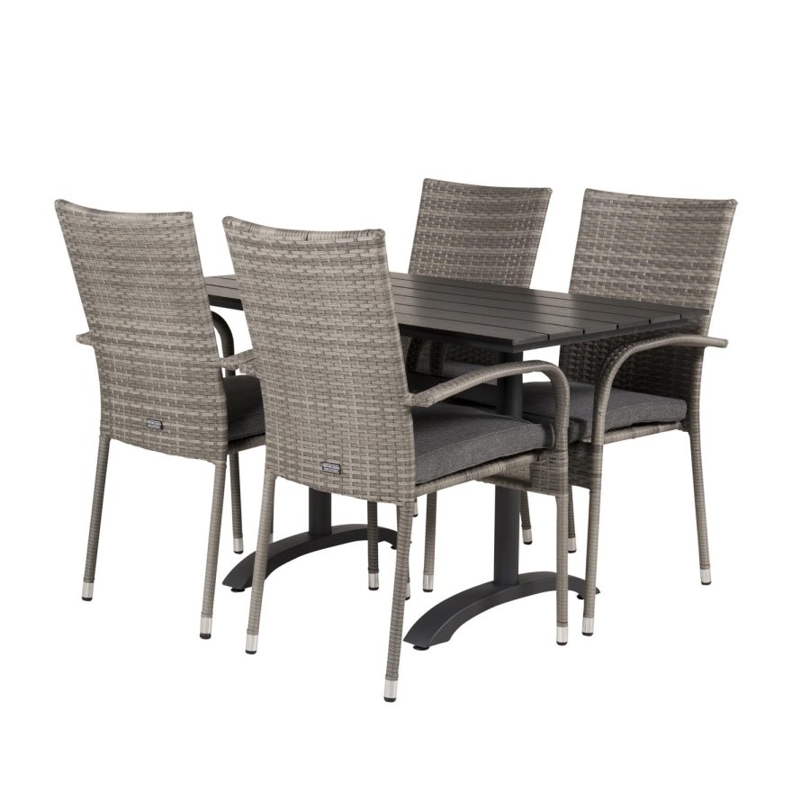 VENTURE DESIGN Gartenset mit Denver Cafétisch (120x70) und 4 Anna Stühlen - schwarzes Eichenholz/Alu/graues Rattan