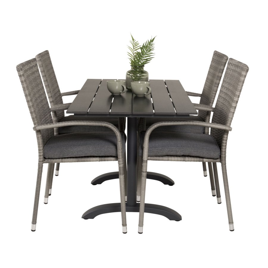 VENTURE DESIGN Gartenset mit Denver Cafétisch (120x70) und 4 Anna Stühlen - schwarzes Eichenholz/Alu/graues Rattan
