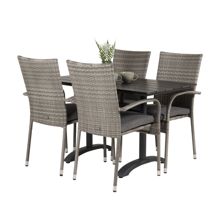 VENTURE DESIGN Gartenset mit Denver Cafétisch (120x70) und 4 Anna Stühlen - schwarzes Eichenholz/Alu/graues Rattan
