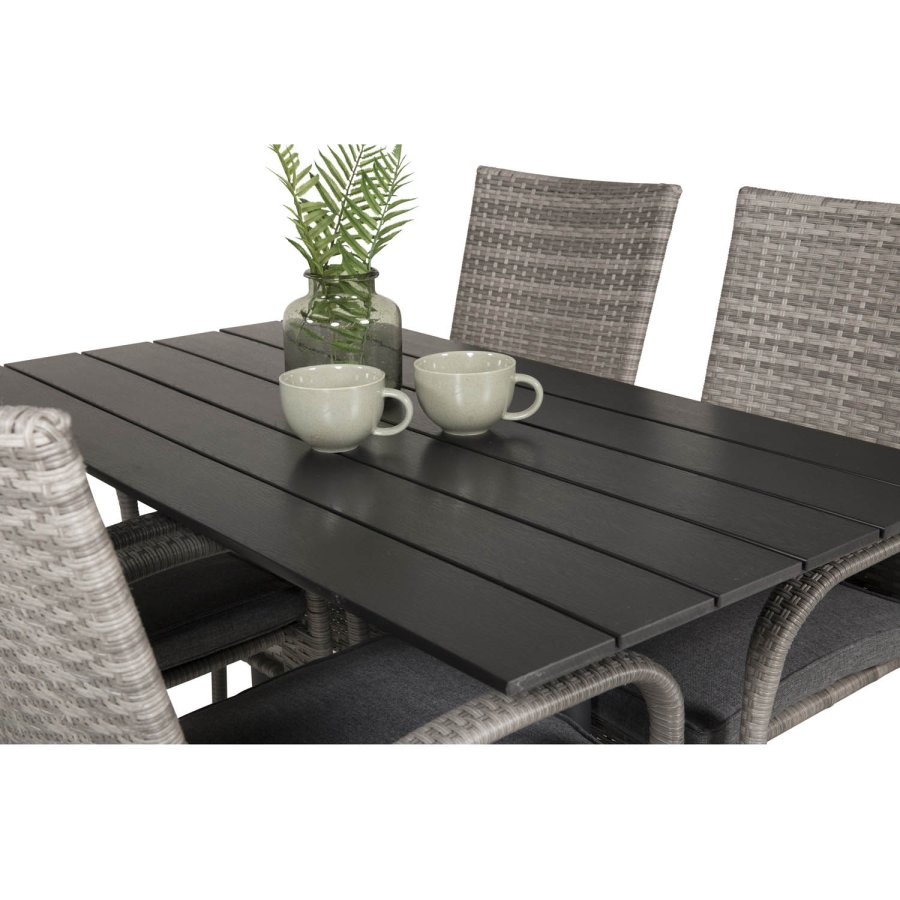 VENTURE DESIGN Gartenset mit Denver Cafétisch (120x70) und 4 Anna Stühlen - schwarzes Eichenholz/Alu/graues Rattan