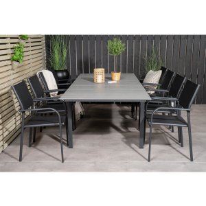 VENTURE DESIGN havest m Levels bord m. udtrk og 8 Santorini stole m armln - gr aintwood/sort alu