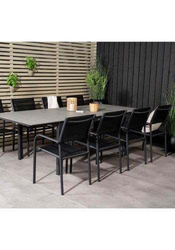 VENTURE DESIGN havest m Levels bord m. udtrk og 8 Santorini stole m armln - gr aintwood/sort alu