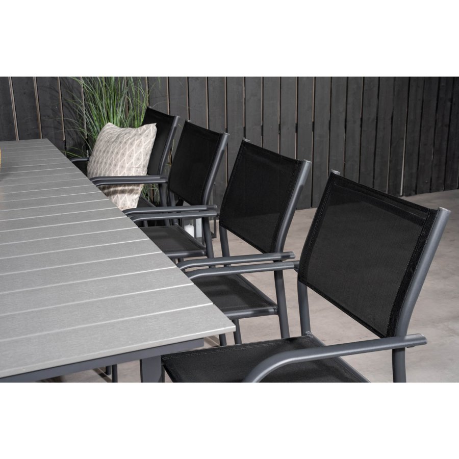 VENTURE DESIGN havest m Levels bord m. udtrk og 8 Santorini stole m armln - gr aintwood/sort alu