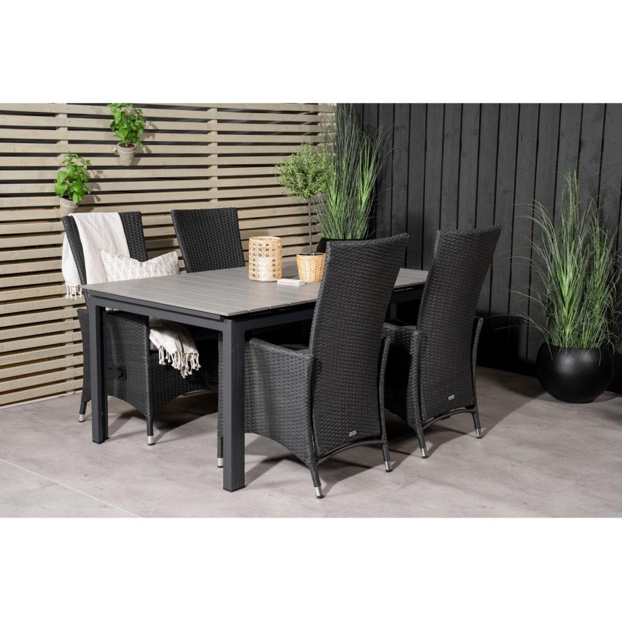 VENTURE DESIGN havest, m. Levels bord, m. udtrk og 4 Padova stole, m. recliner - gr aintwood/alu