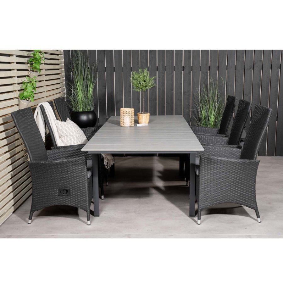 VENTURE DESIGN Gartenset, mit Levels-Tisch, mit Verlängerung und 6 Padova-Relaxsesseln - Anthrazit/Alu