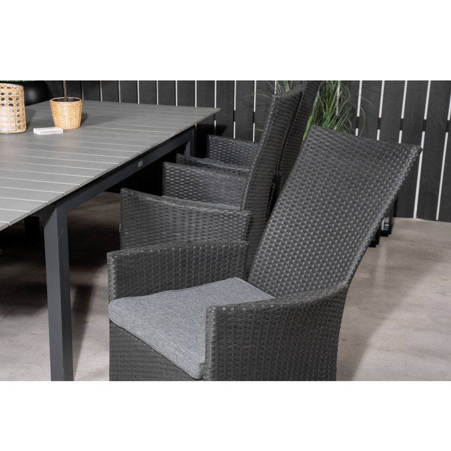 VENTURE DESIGN Gartenset, mit Levels-Tisch, mit Verlängerung und 6 Padova-Relaxsesseln - Anthrazit/Alu