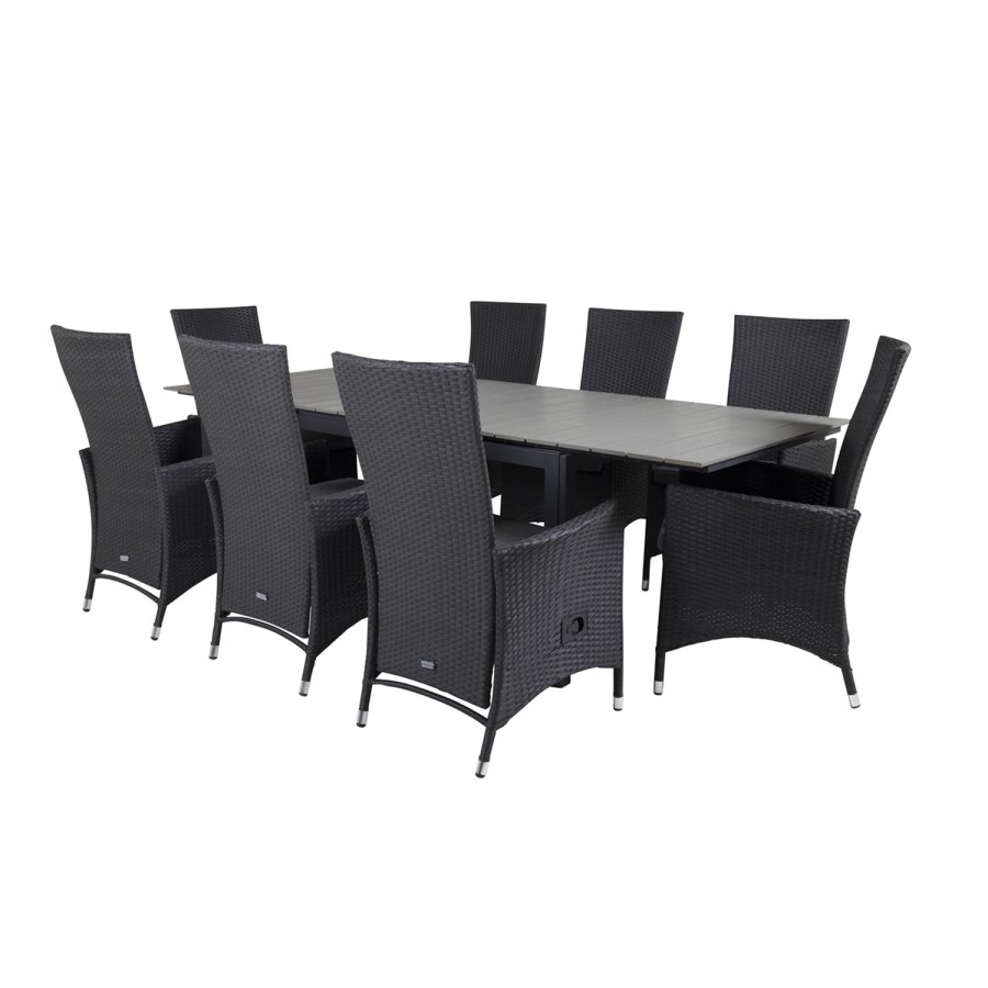 VENTURE DESIGN havest m Levels bord m udtrk og 8 Padova stole m recliner -sort rattan/gr aintwood