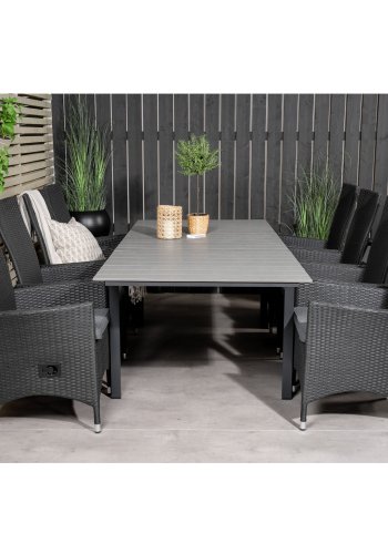 VENTURE DESIGN havest m Levels bord m udtrk og 8 Padova stole m recliner -sort rattan/gr aintwood