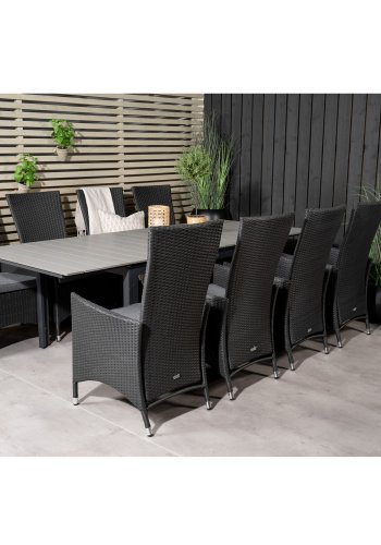 VENTURE DESIGN havest m Levels bord m udtrk og 8 Padova stole m recliner -sort rattan/gr aintwood