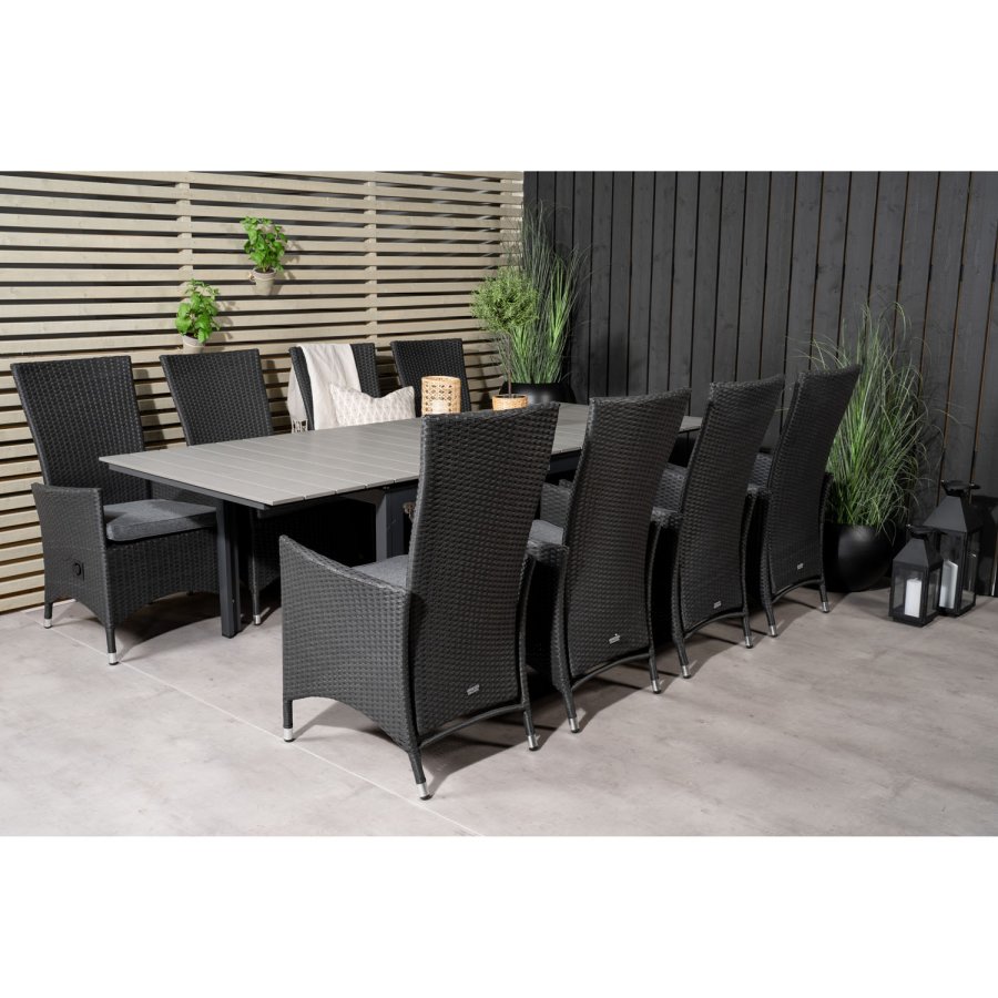 VENTURE DESIGN havest m Levels bord m udtrk og 8 Padova stole m recliner -sort rattan/gr aintwood