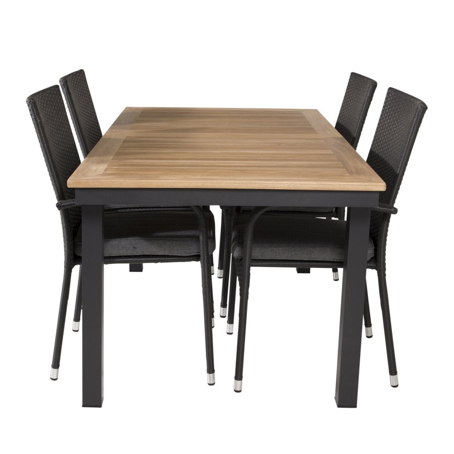 VENTURE DESIGN havest, m. Panama bord, m. udtrk og 4 Anna stole - natur teak/sort alu 