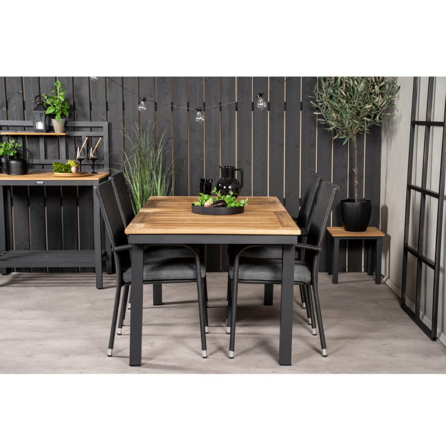 VENTURE DESIGN havest, m. Panama bord, m. udtrk og 4 Anna stole - natur teak/sort alu 