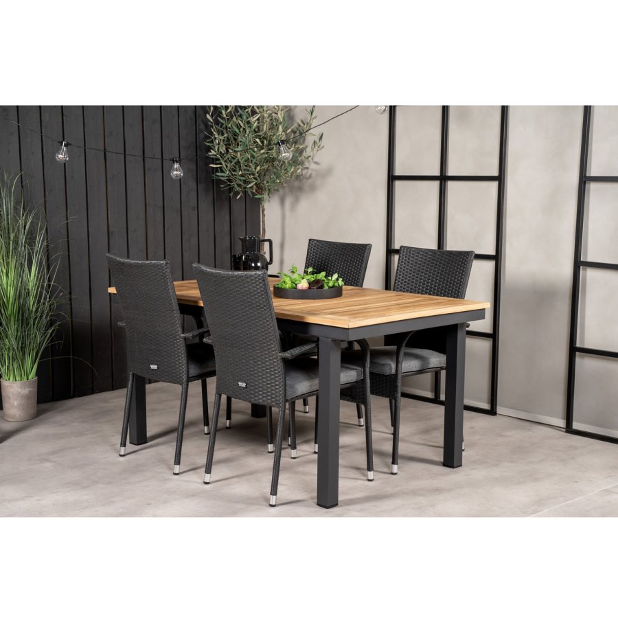 VENTURE DESIGN havest, m. Panama bord, m. udtrk og 4 Anna stole - natur teak/sort alu 