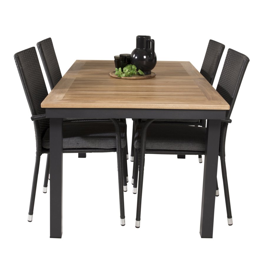 VENTURE DESIGN havest, m. Panama bord, m. udtrk og 4 Anna stole - natur teak/sort alu 