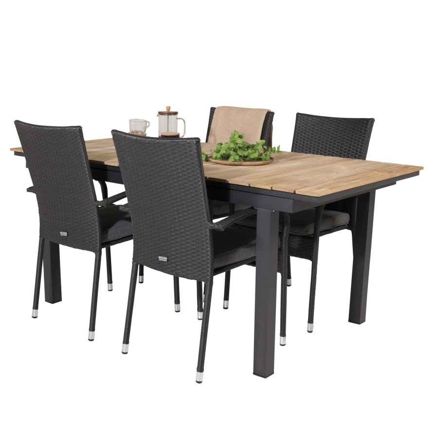 VENTURE DESIGN havest, m. Mexico bord, m. udtrk og 4 Anna stole - natur teak/sort alu 