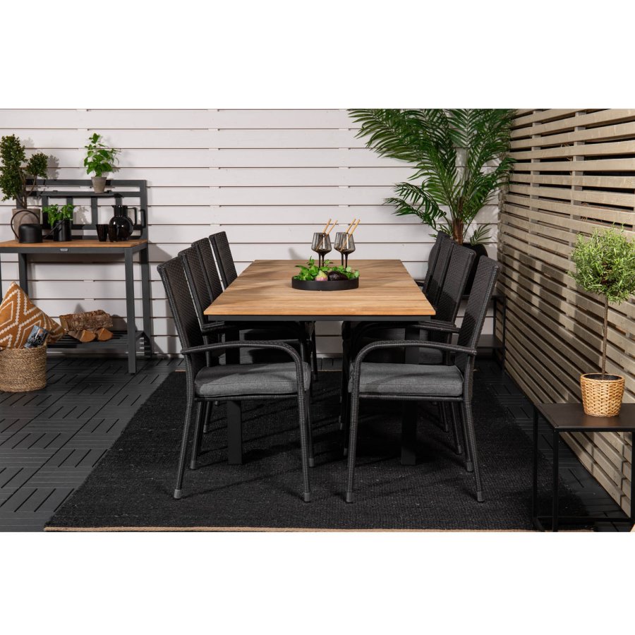 VENTURE DESIGN havest m. Mexico bord m. udtrk og 8 Anna stole m. armln + hynde - teak/sort rattan