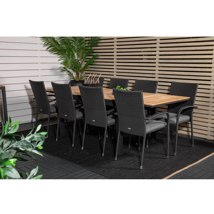 VENTURE DESIGN havest m. Mexico bord m. udtrk og 8 Anna stole m. armln + hynde - teak/sort rattan