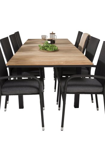 VENTURE DESIGN havest m. Mexico bord m. udtrk og 8 Anna stole m. armln + hynde - teak/sort rattan
