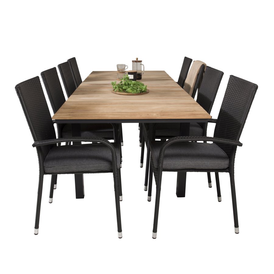 VENTURE DESIGN havest m. Mexico bord m. udtrk og 8 Anna stole m. armln + hynde - teak/sort rattan