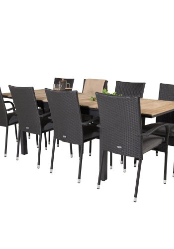 VENTURE DESIGN havest m. Mexico bord m. udtrk og 8 Anna stole m. armln + hynde - teak/sort rattan