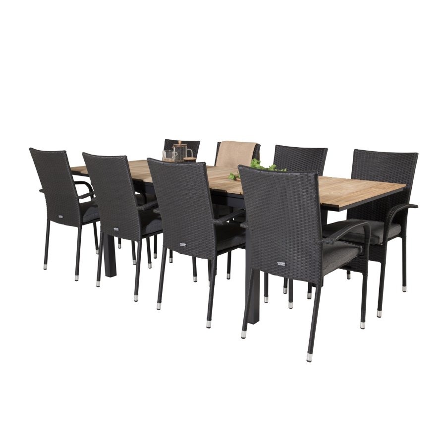 VENTURE DESIGN havest m. Mexico bord m. udtrk og 8 Anna stole m. armln + hynde - teak/sort rattan