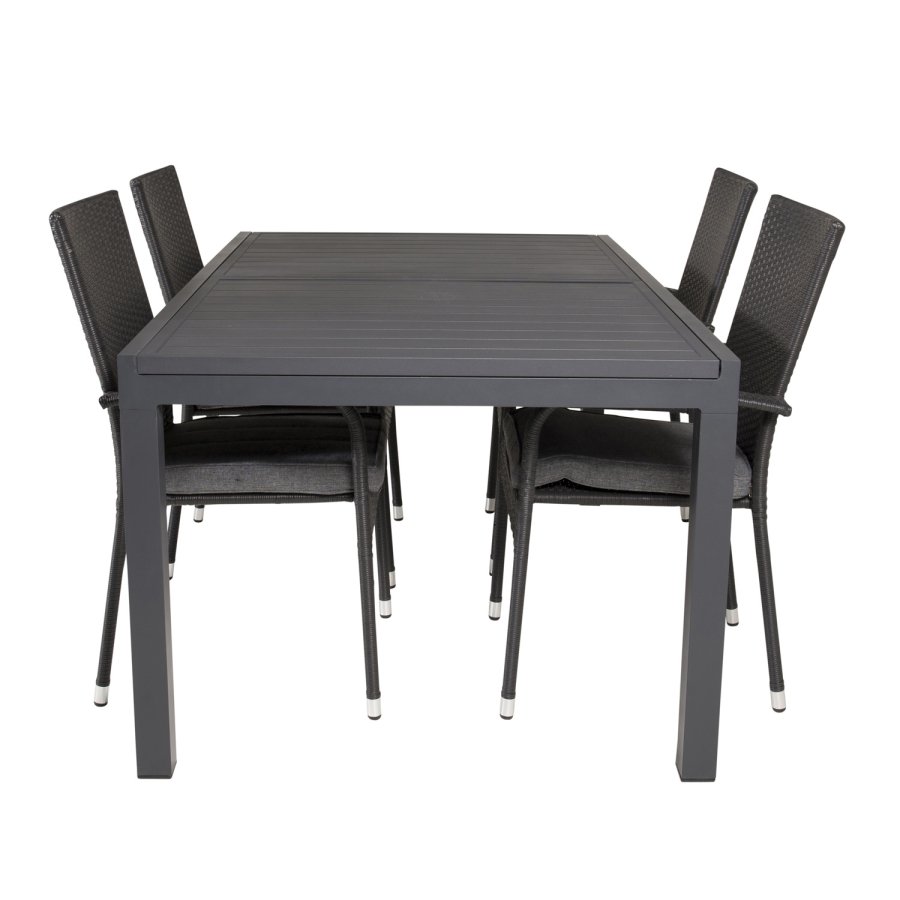 VENTURE DESIGN Gartenset mit Marbella-Tisch, mit Verlängerung und 4 Anna-Stühlen – schwarzes Eichenholz/Alu/Rattan 