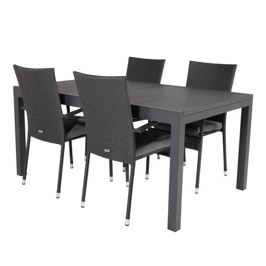 VENTURE DESIGN Gartenset mit Marbella-Tisch, mit Verlängerung und 4 Anna-Stühlen – schwarzes Eichenholz/Alu/Rattan 