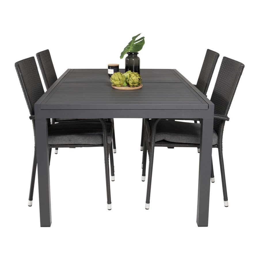 VENTURE DESIGN Gartenset mit Marbella-Tisch, mit Verlängerung und 4 Anna-Stühlen – schwarzes Eichenholz/Alu/Rattan 