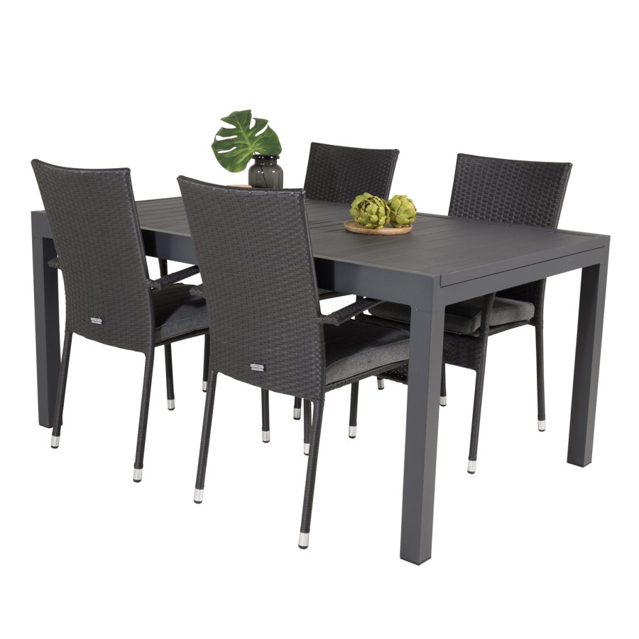 VENTURE DESIGN Gartenset mit Marbella-Tisch, mit Verlängerung und 4 Anna-Stühlen – schwarzes Eichenholz/Alu/Rattan 