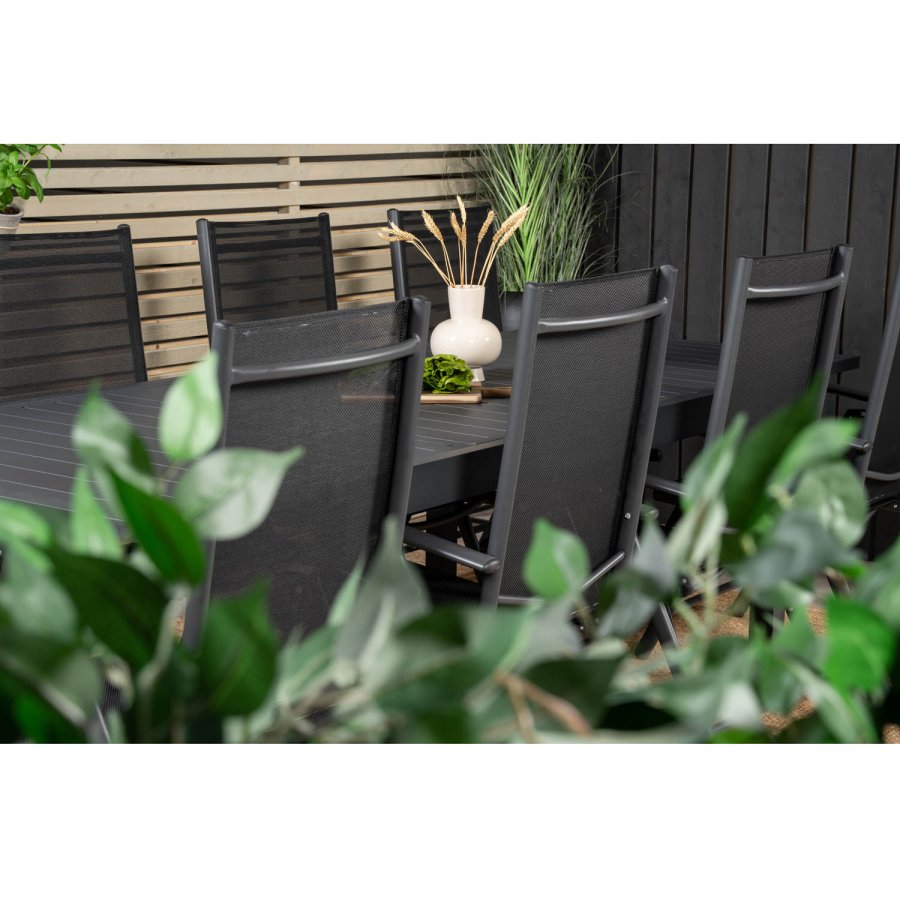 VENTURE DESIGN havest m. Marbella bord m. udtrk og 8 Break stole m. recliner - sort alu/textilene