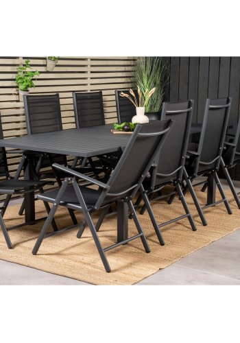VENTURE DESIGN havest m. Marbella bord m. udtrk og 8 Break stole m. recliner - sort alu/textilene