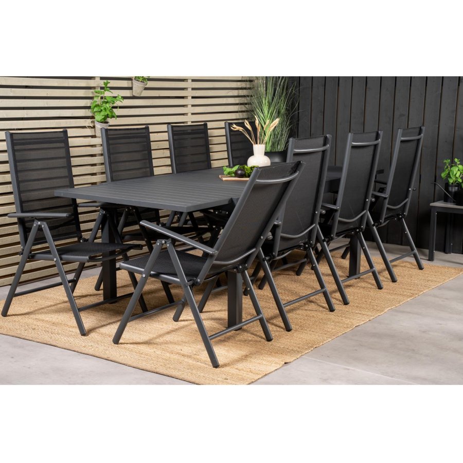 VENTURE DESIGN havest m. Marbella bord m. udtrk og 8 Break stole m. recliner - sort alu/textilene